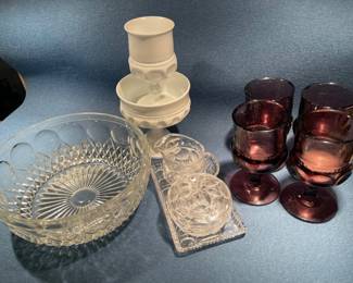 Six Indiana Glass Kings Crown Amethyst Purple Thumbprint Pedestal Water Goblets And More