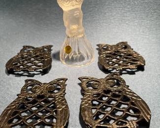 Genuine Crystal Owl Bell And Little Vintage Owl Trivets