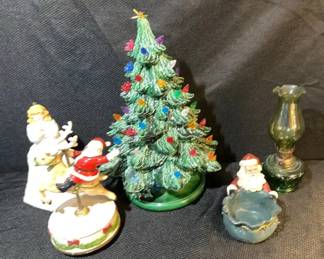 Vintage Christmas Green Ceramic Tree W Light, Lantern, And More