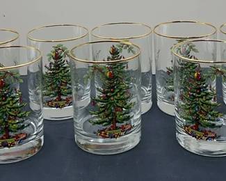 Spode Gold Rimmed Christmas Tree Low Ball Glasses 