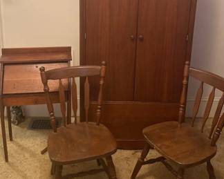Vintage Wood Armoire Childs Desk And Two Chairs