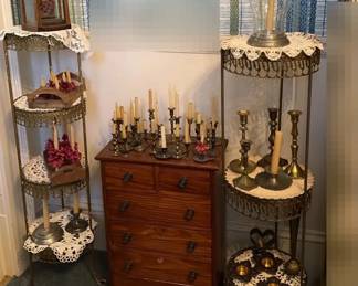Vintage Brass 3 Tier Stands, Small Wood Chest, Brass Candlesticks, And More 