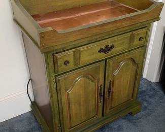 Vintage Green Wood And Copper Topped French Provincial Dry Sink Cabinet 