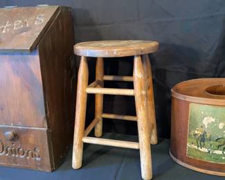 Vintage Wood Stool , Potato And Onion Bin, And Book magazine Holder