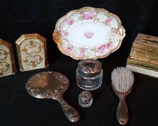 Limoges, Comte Dish, Vintage Mirror and Brush, Bookends, Tissue Box Cover and Storage Box