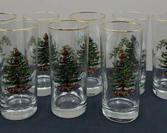 Spode Gold Rimmed Christmas Tree Highball Glasses 