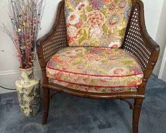 Vintage Hammaray RegencyStyle Faux Bamboo And Cane Barrel Chair With Floral Cushion With Vase