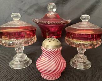Vintage Indiana Glass Kings Crown Thumbprint Ruby Flash Pedestal Candy Dishes And More 