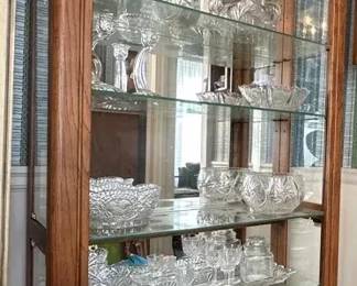 Vintage Wood Display Cabinet W Glass Shelves And Cut Glass 