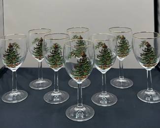 Spode Gold Rimmed Christmas Tree Wine Glasses 