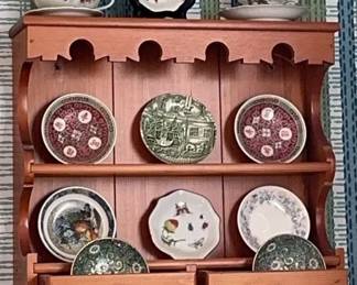 Vintage Wooden Plate Rack W Miniature Plates And More 