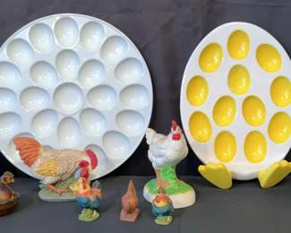 Egg Plates, Nesting Hen, And Roosters 