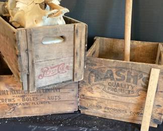 Three Old Advertising Wooden Boxes And A Bullhead