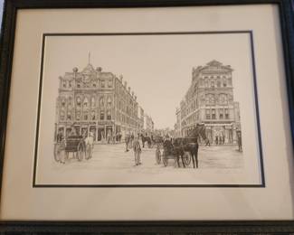 Market and Douglas
The business corner of Wichita at the turn of the century. Wichit's first four story building, the Bitting Bldg, on the left. It was destroyed by fire in 1911. The building on the rights The Forth National Bank Bldg. Construction started in 1887.
Signed by Helen Davis