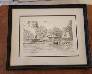 The Boat House:
The boat house on the bank of the Little Arkansas River south of the Murdock Bridge, 1890's Boating on the river was a popular and pleasurable recreation of this era. Excursions steam launches playing The Little River in those days was a recreational must.
Signed lithograph. Helen Davis