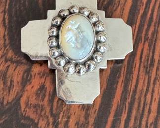 Lot#110 Now 70 - Was $95 Mexican silver & mother of pearl cross pendant brooch 1 6/8" x 1 3/4"