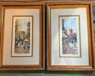 Matted and Framed Paris Art - "Le Arc de Triomphe and Le Moulin Rouge" - Lucien Delarue
