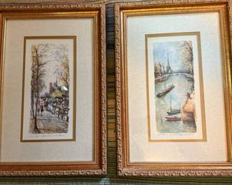 Matted and Framed Paris Art - Notre Dame and Eiffel Tower - Lucien Delarue