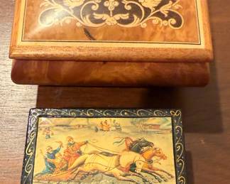 Trinket Boxes -Italian Inlaid Wood and Russian Black Lacquer