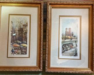 Matted and Framed Paris Art - "Place du Tertre and Le Bouquinistes Notre Dame" - Lucien Delarue