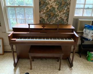 Student size piano and bench. Good condition. Needs tuning. Buyer must have help, or professional piano mover to remove from house. Please ask staff to inspect days of sale. Make an offer and it’s yours.