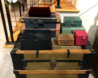 Trunk, antique boxes.