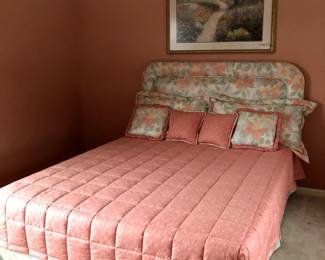 Queen mattress/box spring. Sold separately: metal bed frame with upholstered headboard, and bedding including all the pillows and cases.