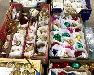 Lots of Christmas ornaments, some are vintage.