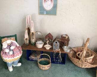 Some Easter decor, indoor bird houses, and lots of baskets.