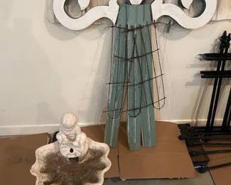 Outdoor art: bird bath/fountain (3 pieces) and folk art angel (hang outdoors with Christmas lights).