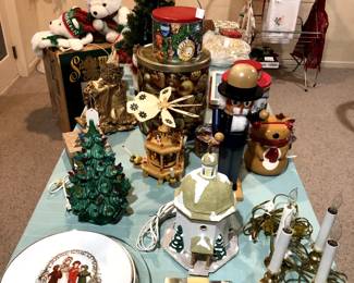 Christmas: including tree stands (one swivels, makes it so much easier), Santa Bears from the first year (1986), a ceramic tree with "lights", Silent Night Chapel light, Steinbach wooden figures and large nutcracker, wreaths and morel