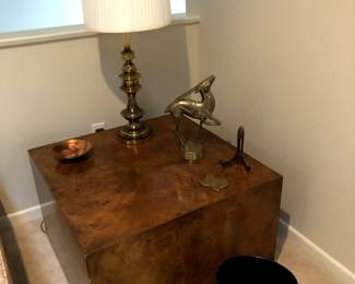 Burlwood coffee/side table by Hekman Furniture: 30"x30"x19". Brass lamp. Brass gazelle.