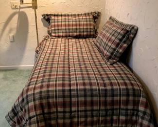 Twin bed mattress/box spring/metal frame/quilt/2 large pillows with shams, bed skirting