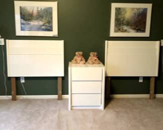 Twin Lane headboards and matching dresser in a white lacquer. Two numbered framed prints by J. Rocheleau. Two Eileen Rosolowski Kaiser Bears.