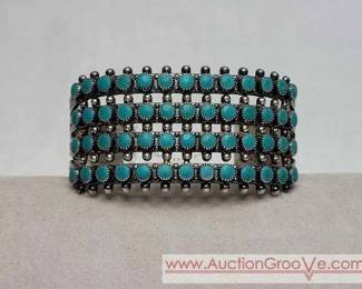 1 ZUNI Turquoise and Sterling Silver Snake Eyes Cuff Bracelet. 4 Row, Petit Point