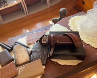 Collection of vintage leather items.. English Saddle Hunting Flask with sterling top in leather case