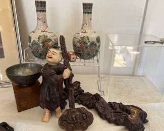 Pair of antique Chinese vases...carved suyi scepter....antique chinese wood monk