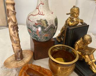 1920-30 Ronson gold gilded bookends....Antique Chinese vase(pair)..Alaskan totem sculpture
