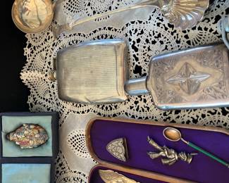 Sterling....spoons, antique flask,   