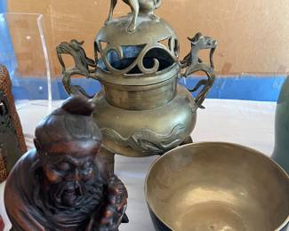 Antique Chinese incense burner..carved chinese wooden statute and chinese singing bowl