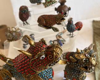 Tibetan brass inlaid turquoise & coral figurines