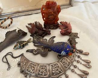 Enamel sterling fish...carved wood ...silver necklace from India...