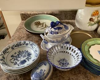 Hand painted dishes , Blue Onion 