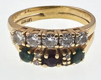 Two soldered 14kt diamond, sapphire, ruby bands