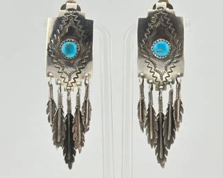 Sterling Native American signed turquoise drop feather clip earrings