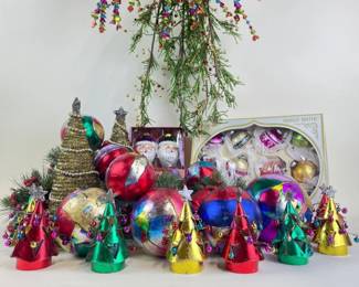 Zari signed balls, beaded tree picks, metal trees, mantle décor
