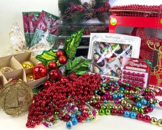 Glitter star, vintage ornaments and picks, garland