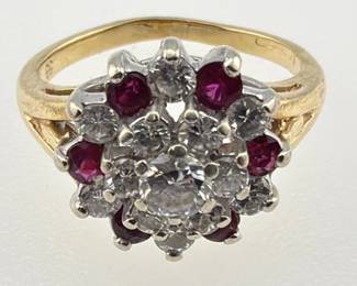 14kt natural ruby, diamond cluster ring