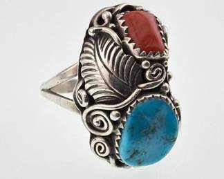 Native American sterling turquoise, coral ring