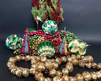 Ornaments, lighted garland, bead garland, tree picks